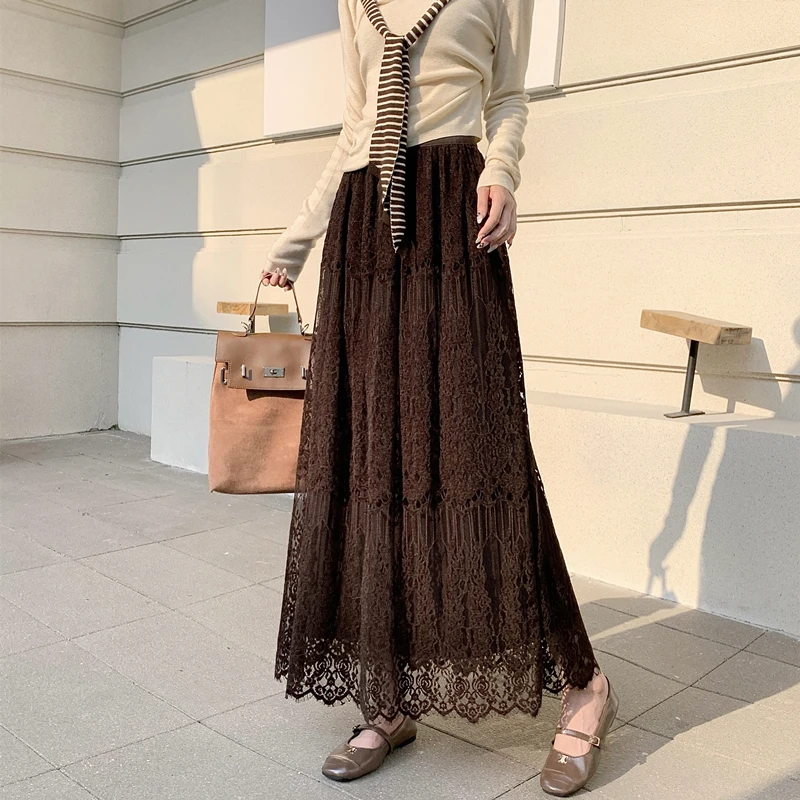 Falda acampanada de tul blanco de encaje Retro para mujer, falda Midi elástica de cintura alta con recortes de ganchillo, vestido de hada de otoño Reversible doble