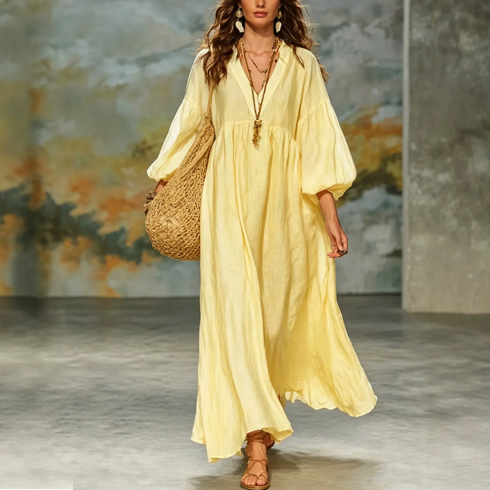 Casual Bohemian Big Hem Maxi Dresses Autumn New Fashion V Neck 3/4 Sleeve Loose Flowy Long Dress Women Beach Vacation Sundress