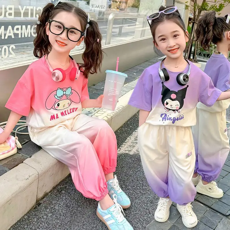 Traje de moda Kawaii Sanrioed Kuromi para niños, pantalones cortos de manga corta, camiseta informal de dos piezas de dibujos animados, ropa deportiva de verano