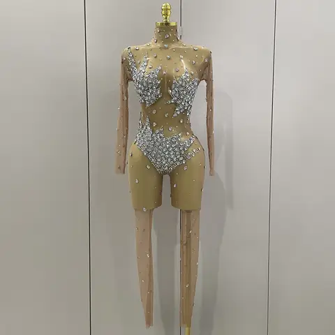 2026 Sparkly Diamonds High Stretch Mesh Jumpsuit Birthday Evening Party Bar Nightclub DJ Female Singer Stage Performance Costume