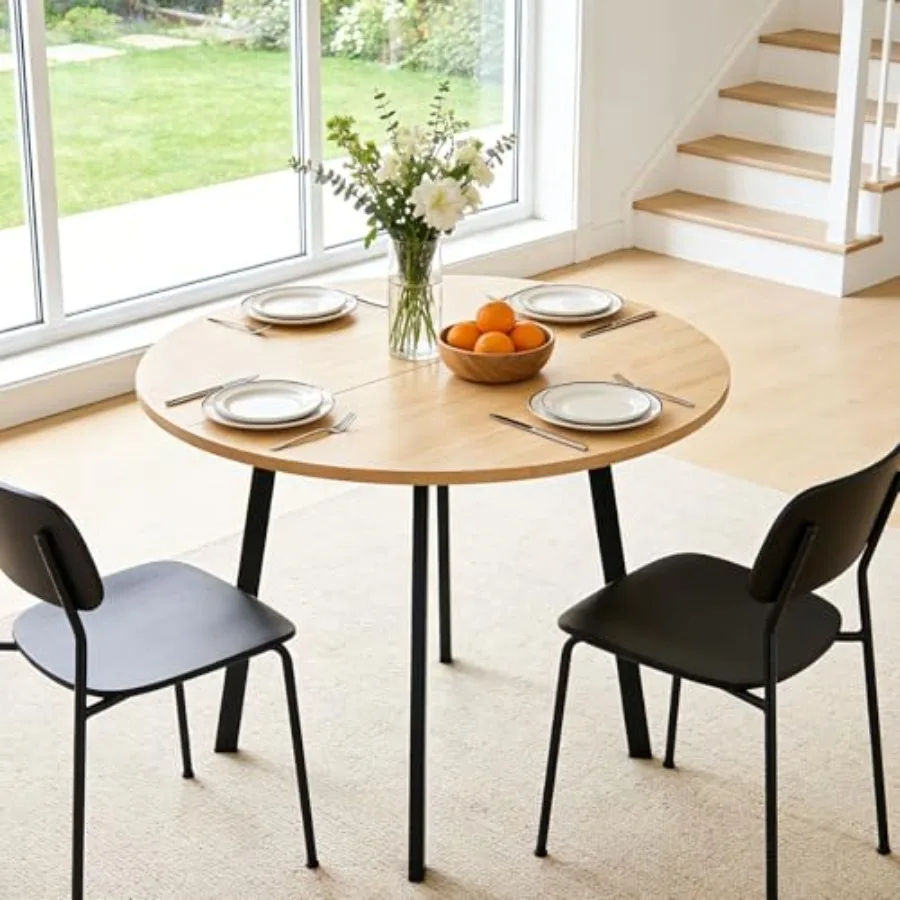 

35.4in Small Round Dining Table with Wood Finish Steel Legs for 2 to 4 People Natural Color Compact Design for Small Space Apar