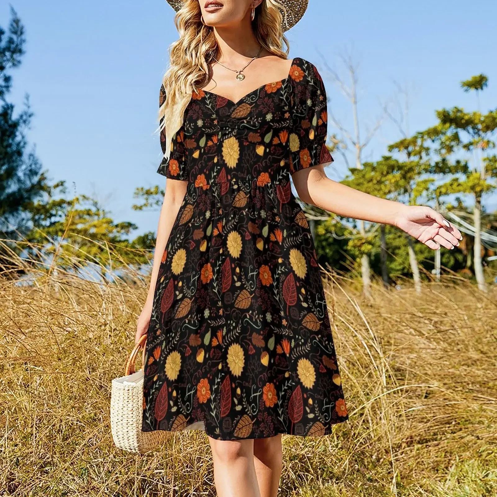 Autumn Floral/ Leaf Design on Black Sleeveless Dress summer dress woman 2025 trendy Long dresses Dress