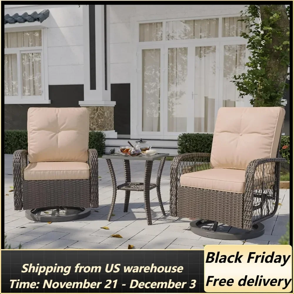 3 Pieces Outdoor Swivel Rocker Chair Set of 2 with Small Side Table Wicker Rattan Patio Furniture Set Outdoor Rocking Chair