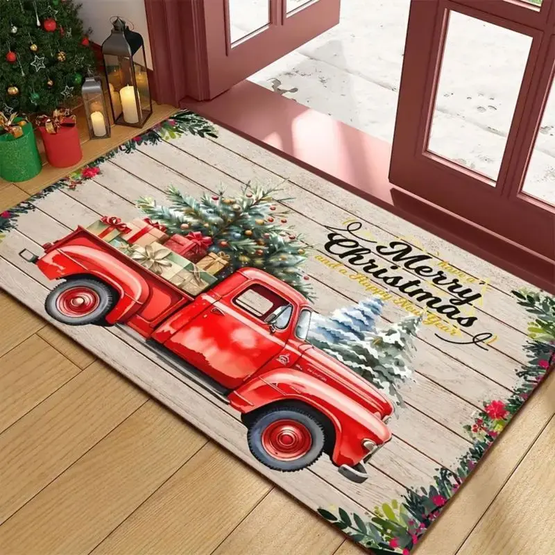 VIKAMA Xmas Welcome Mat Red Vintage Truck Tree Happy New Year Farmhouse Indoor Front Entryway Rug Non Slip Home Decor