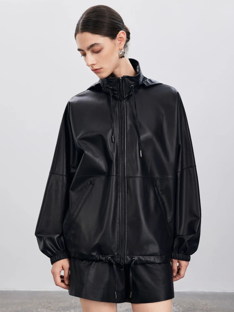 

Black Oversize Genuine Leather Jackets Women Spring Autumn Thin High-end Simple Casual Stand Collar Hooded Real Sheepskin Coat