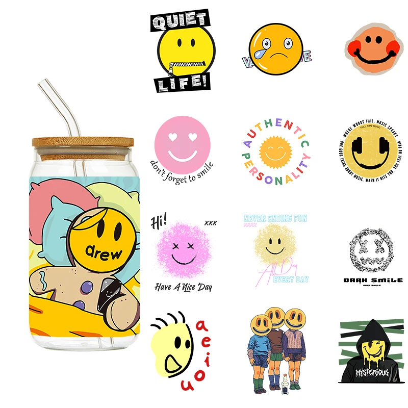 LETOP 1PCS Funny Smile Face Crystal Uv Dtf Sticker 16Oz Acrylic Tumbler Dtf Uv Printer Sticker