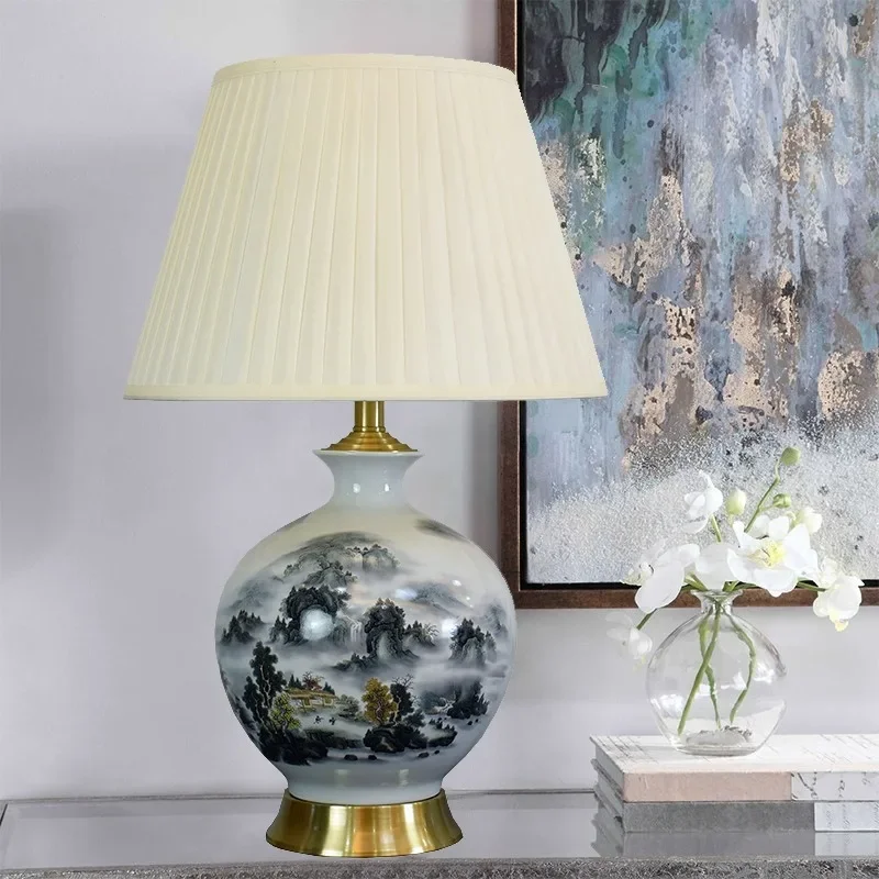 High-grade ceramic table lamp light luxury atmosphere retro living room full copper decorative lamp