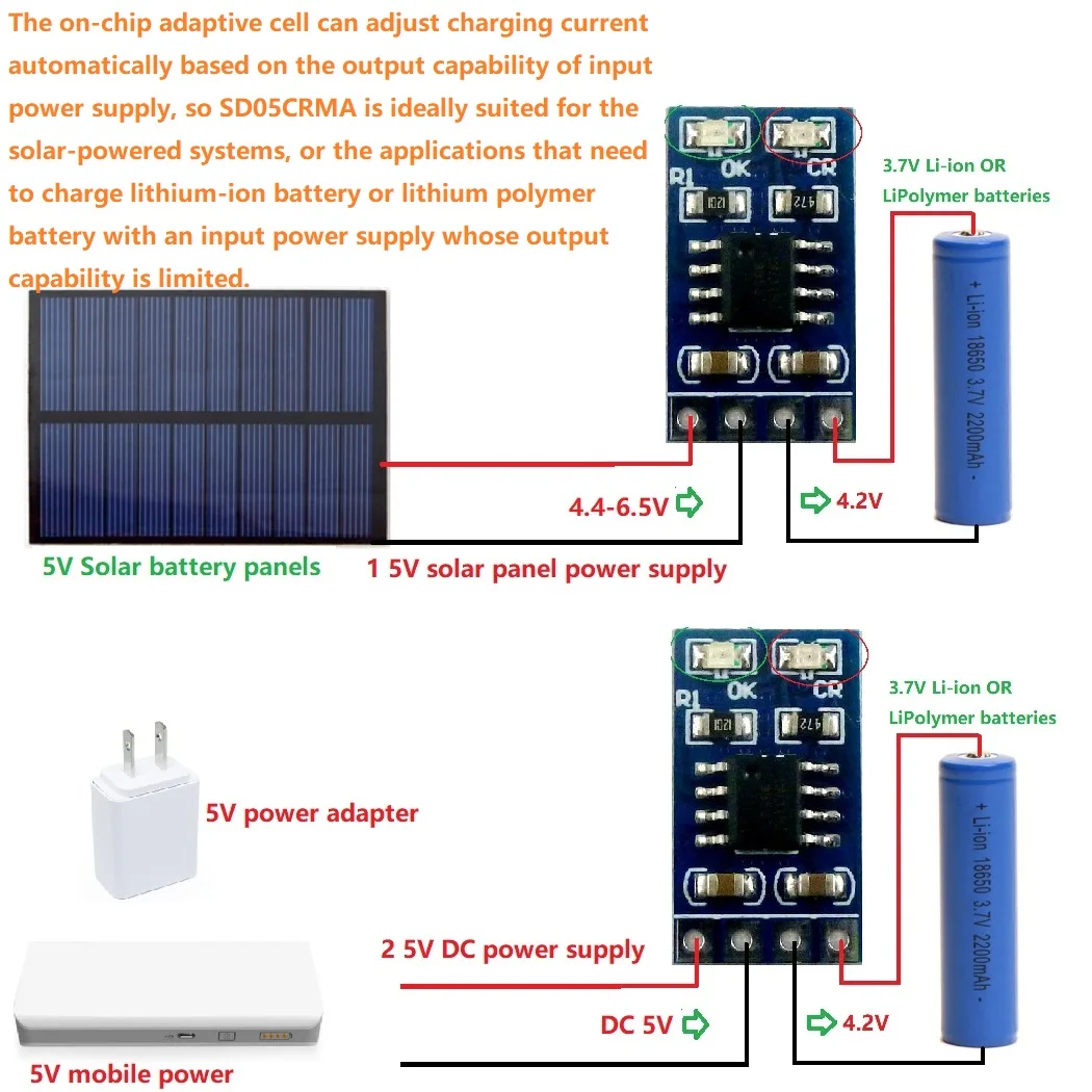 5X SD05CRMA 3.7V 4.2V Li-ion Li-Po Lithium Battery Charger Module for 5V 6V 9V 12V 18V 24V 48V Solar panel