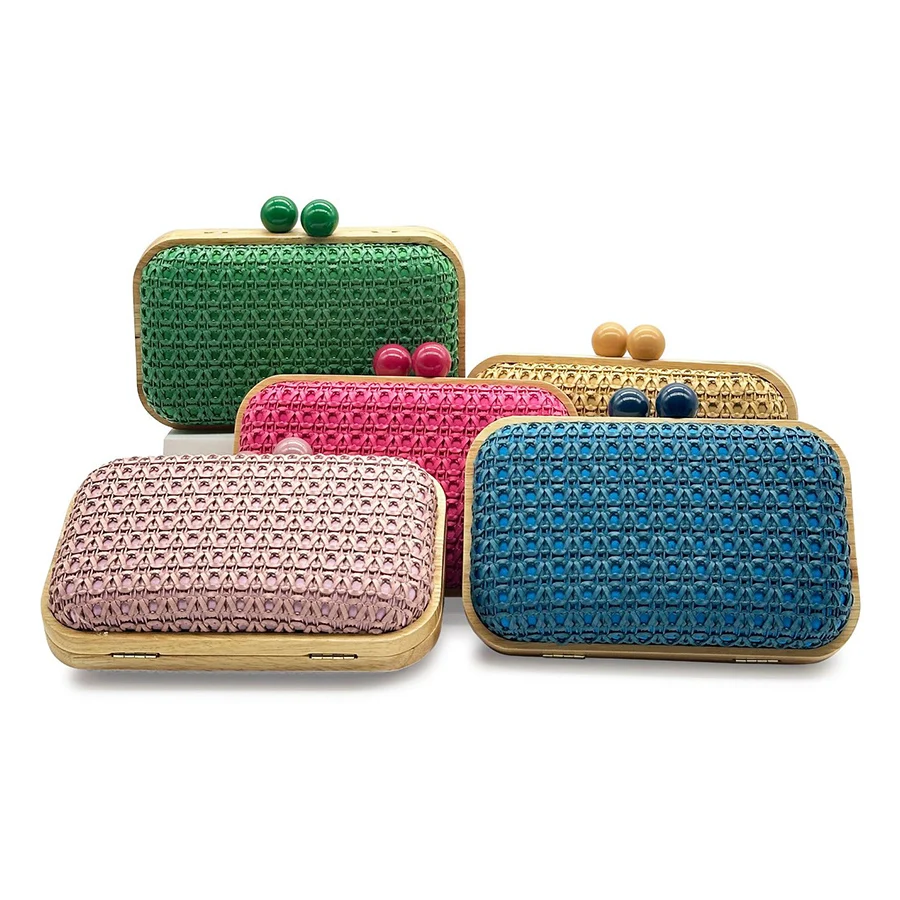 Summer Straw Woven Box Bag Wooden Clip Small Square Bag Travel Beach Shopper Totes Ladies Handbag Solid Color Clutch Purse Bolsa