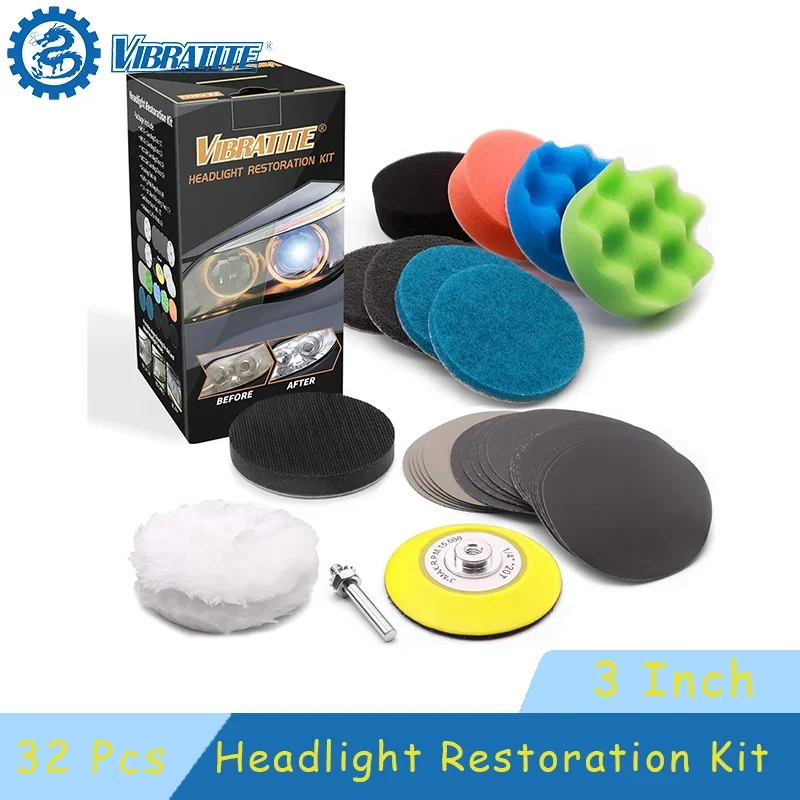 3 Inch Car Headlight Restoration Kit 32 Pcs Polishing Sanding Discs with 1/4 Inch Shank Backing Pad Scouring Pads Buffing Sponge