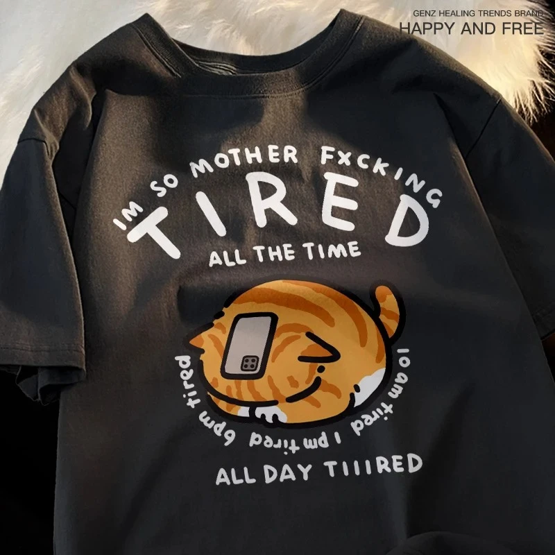 Tired Head Hugging Cat Original Ins Japanese Loose T-shirt Women Orange Cat Tired Short Sleeve Trend Tees Couple Summer Tops
