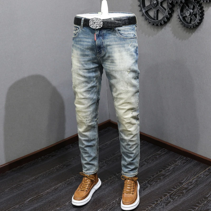 

Fashion Designer Men Jeans Retro Washed Blue Stretch Slim Fit Ripped Jeans Men Italian Style Vintage Denim Pants Hombre