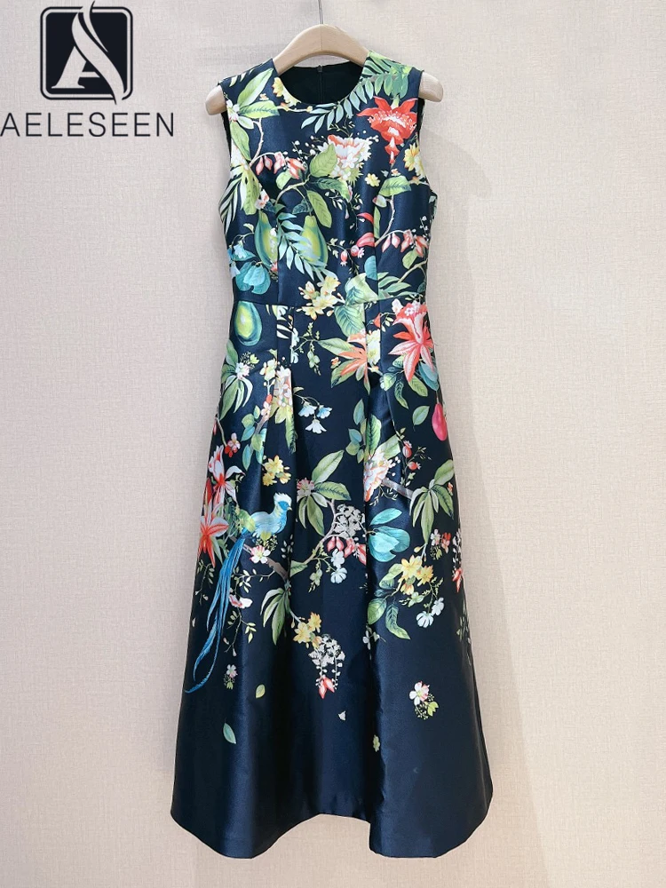 

AELESEEN Women Tank Summer Dress Fashion Designer Sleeveless Flower Print High Waist Elegant Midi Casual Party Vacation