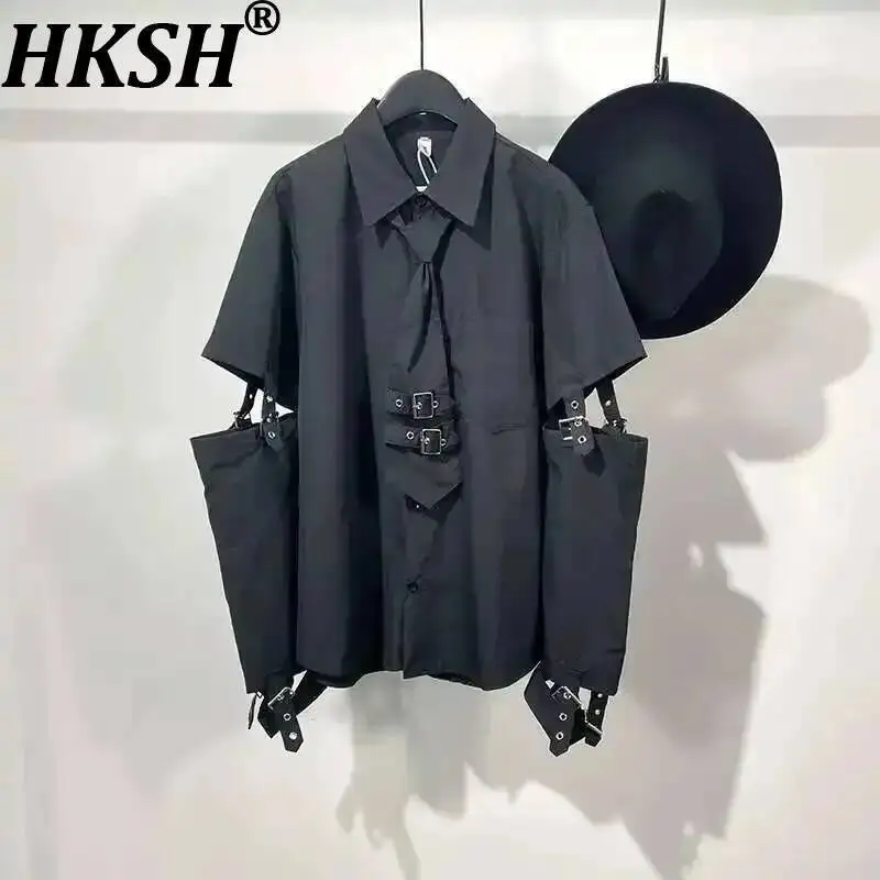 

HKSH Men Punk Darkwear High Street Nihce Design Shirt Sleeve Detachable Necktie Casual Tops Summer Spring New Chic Blouse HK0006