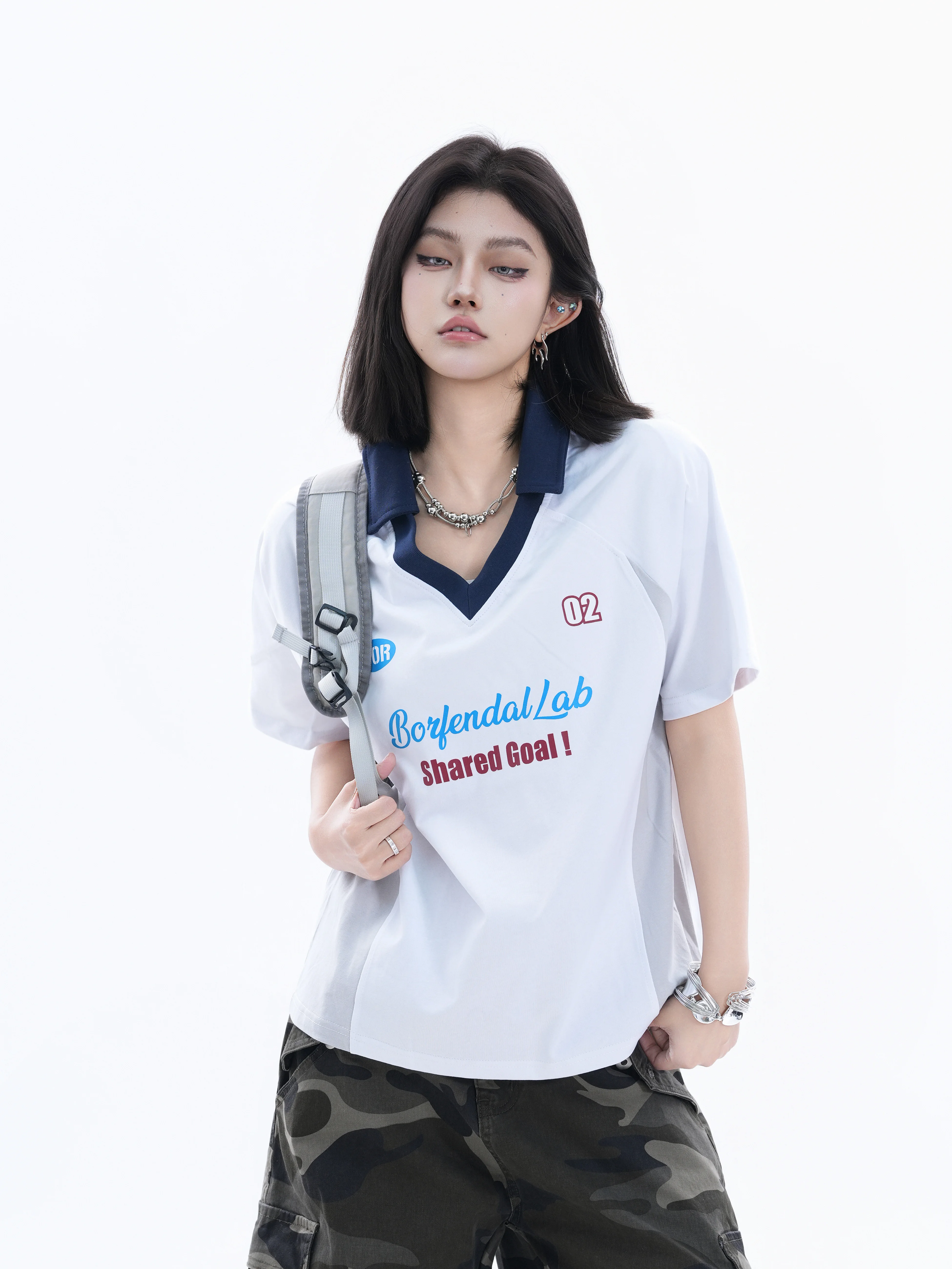 

Retro American Color Block V-neck Short Sleeve T-shirt Women's Loose Street Style Couple's Top Fashionable Cotton Tee