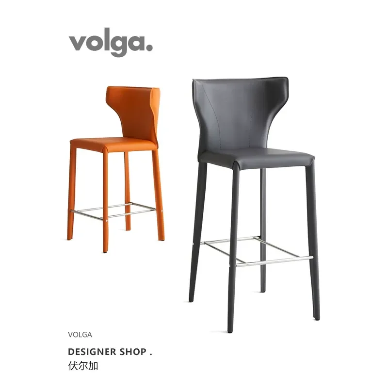 Volga | Simple Modern High Chair Home Bar Chair Designer Bar Chair Saddle Leather Backrest High Stool