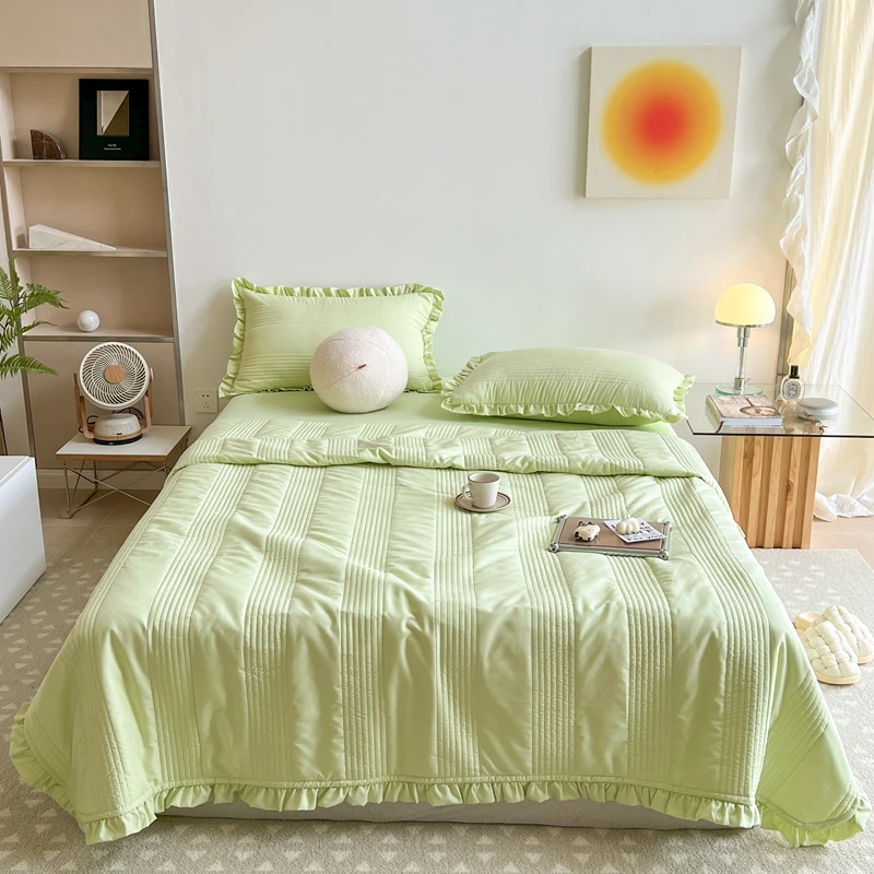 Fresh Green Washed Cotton Summer Quilt Korean Ruffle Quilted Stripe Air Condition Comforter Single Blanket 150*200cm Bed Cover