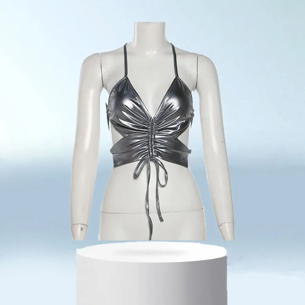 

Personality Glossy Y2K Slim Crop Tops Slim fit Tanks Punk Butterfly Vest Spicy Girl Style Undershirts Neck Halter Top Ins