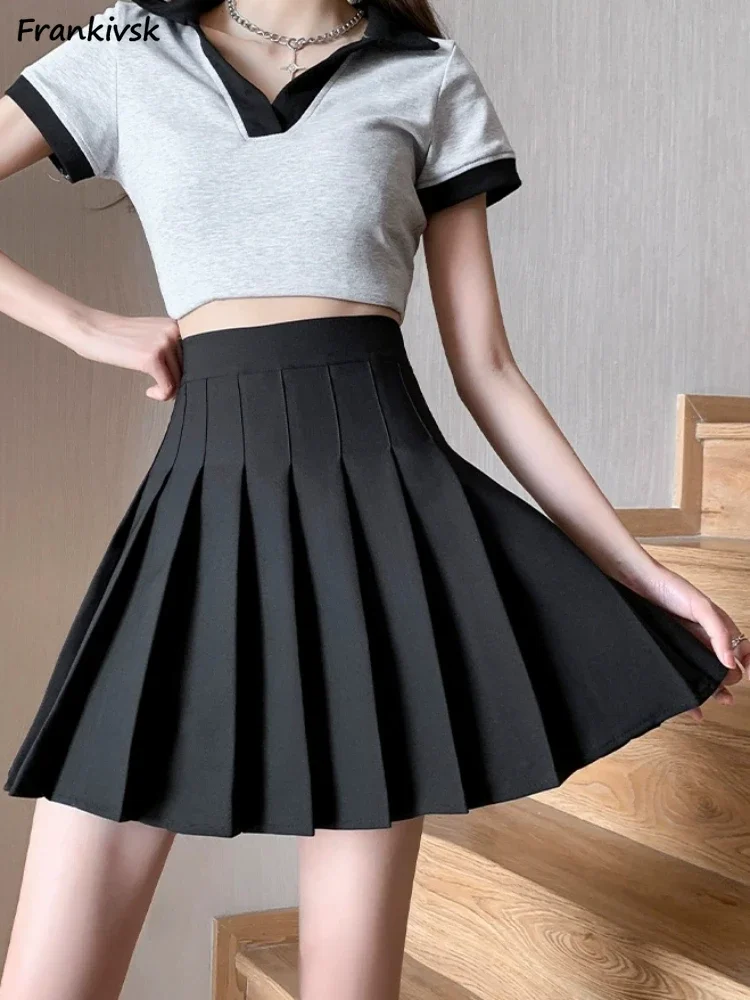 Mini Skirts Women Summer Korean Preppy Style Breathable Folds Simple Pure Color A-line Schoolgirl Aesthetic All-match Classic