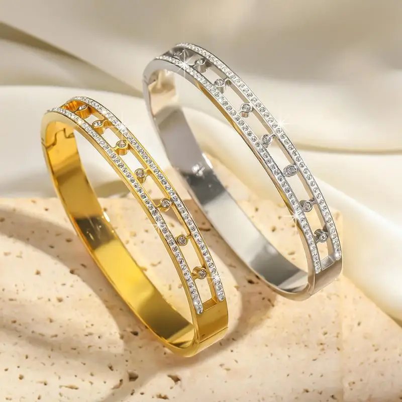 

RAKOL Hollow Cubic Zirconia Bangles Bracelets Fashion Design Stainless Steel Bangle for Women Classic Luxury Jewelry Accessories