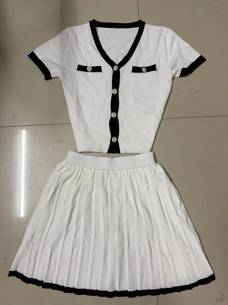 

French Small Fragrance Knitted Two Piece Set For Womem Summer New Crop Top + Pleated Short Skirt Sets