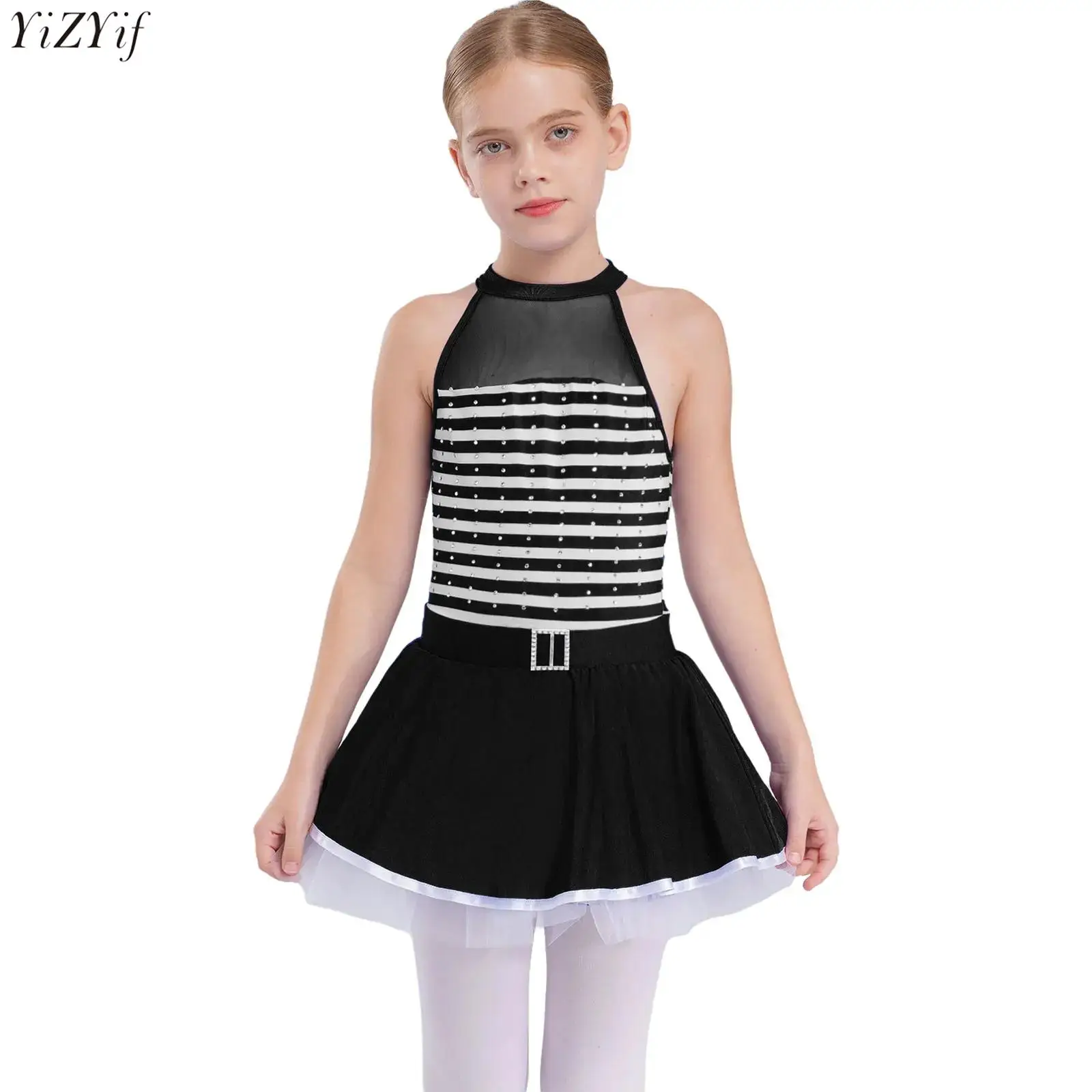 

Kids Girls Ballet Dance Dress Shiny Rhinestones Striped Tutu Dress Sleeveless Keyhole Back Sheer Mesh Patchwork Dress Dancewear