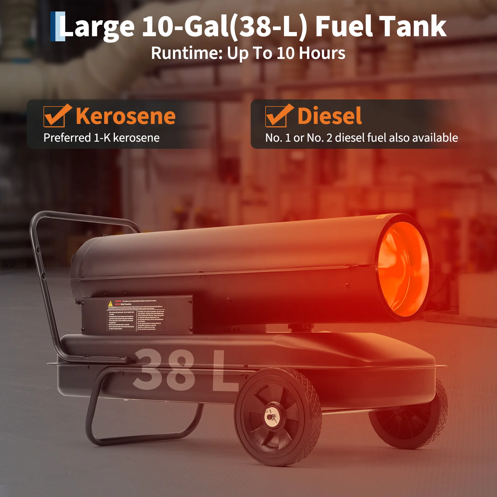 125,000 BTU Dual Fuel Kerosene/fuel-powered Forced Air Heater with Thermostat 13.5 Gal Tank & Wheels Portable Salamander Heater for Workshops, Warehouses, Construction Sites