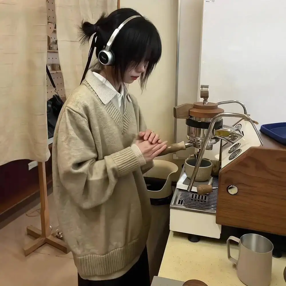 

2026 Spring Men's Women Winter Vintage Fake Two Piece V Neck Sweater Lapel Style Knitting Top Outerwear