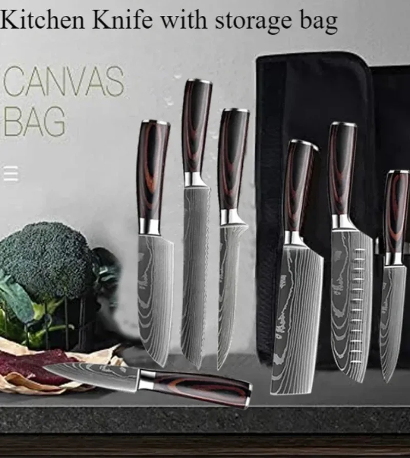 Damascus Steel Japanese Knife Set with Long Magnetic Knife Block Kitchen Knives VG10 Steel Meat Cleaver Santoku Slicing Knife view 2