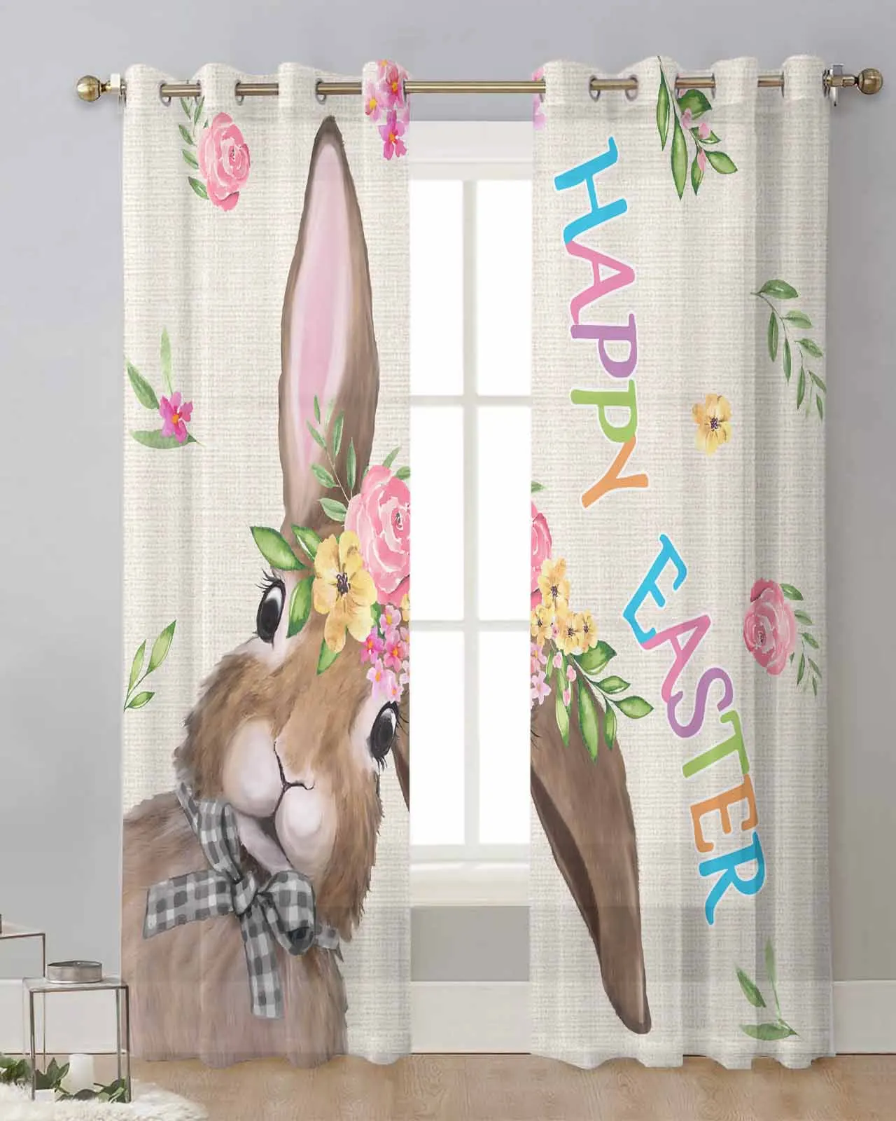 

Easter Bunny Flower Retro Sheer Tulle Curtain Children Bedroom Curtains Living Room Window Treatment Voile Drape