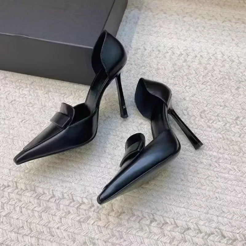 

Женские маленькие кожаные туфли больших размеров на высоком каблуке, новинка 2023 года, повседневная универсальная модная обувь с острым носком, женские дышащие сандалии