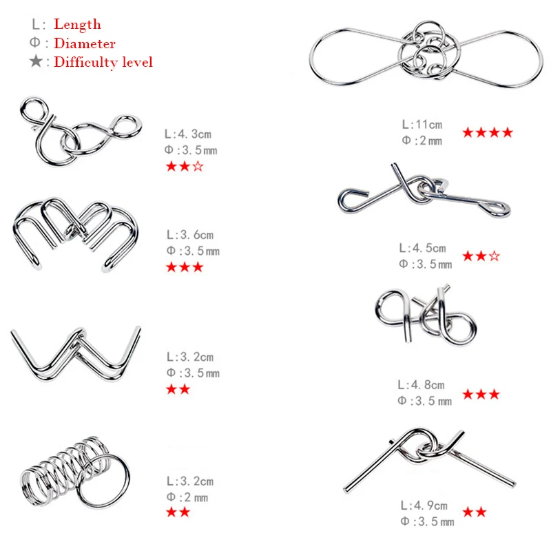 8Pcs/Set Metal Montessori Puzzle Wire IQ Mind Brain Teaser Puzzles Children Adults Interactive Game Reliever Educational Toys