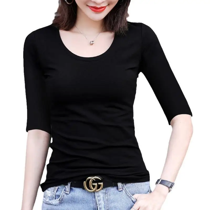 Women's Mid-Sleeve T-Shirt round Neck Seven-Sleeve Color Block Five-Sleeve White Base Shirt Commute Style Polyester Fiber