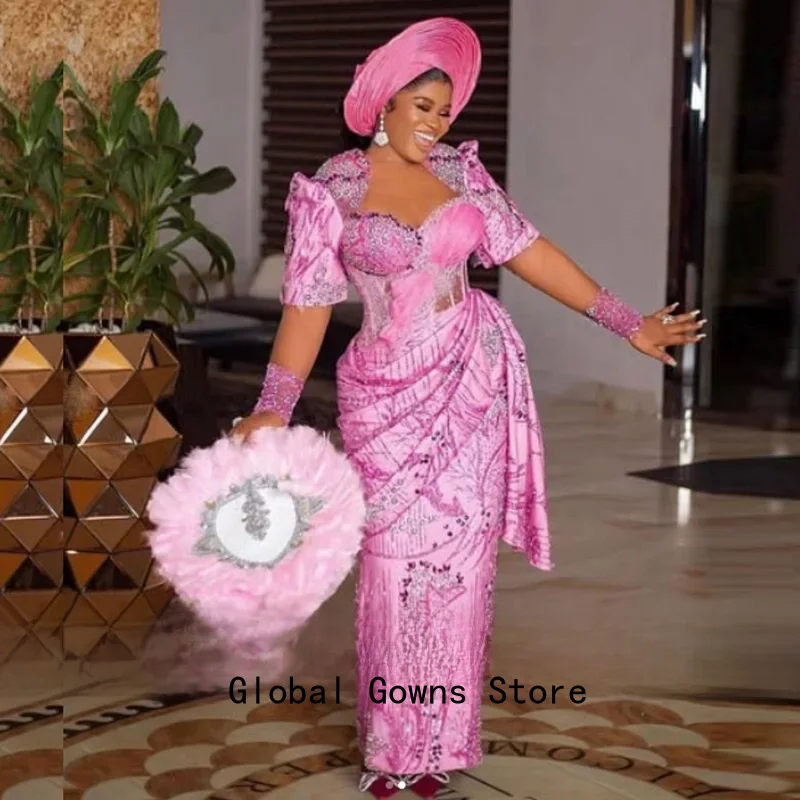 Nigerianische afrikanische Ballkleider mit langen Ärmeln, rosa Aso Ebi, formelle Abendkleider, Perlenspitze, Illusionen, Abendkleid mit Perlenstickerei