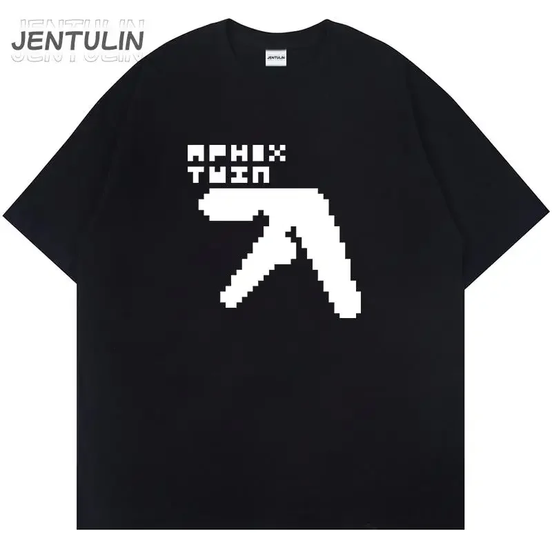 Harajuku Oversized Vintge Men Tshirt Letter Aphex Twin Print Unisex Short Sleeve T-Shirt Cotton Clothes Goth Y2K Streetwear Tops