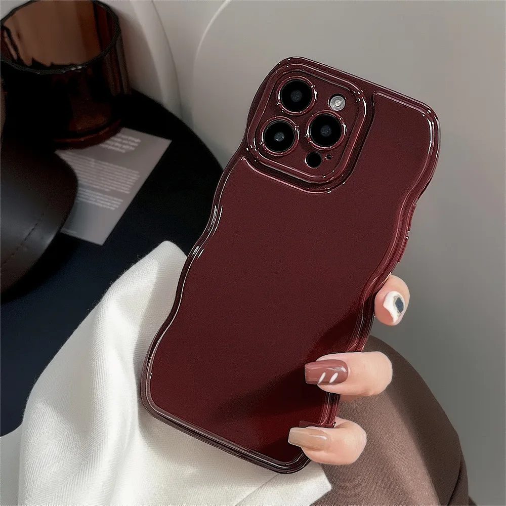 Retro Wine Red Wavy Phone Case For iPhone 17 Air 16 15 14 13 12 11 Pro Max Plus Woman Girl Soft Shockproof Bumper Back Cover - náhled 3