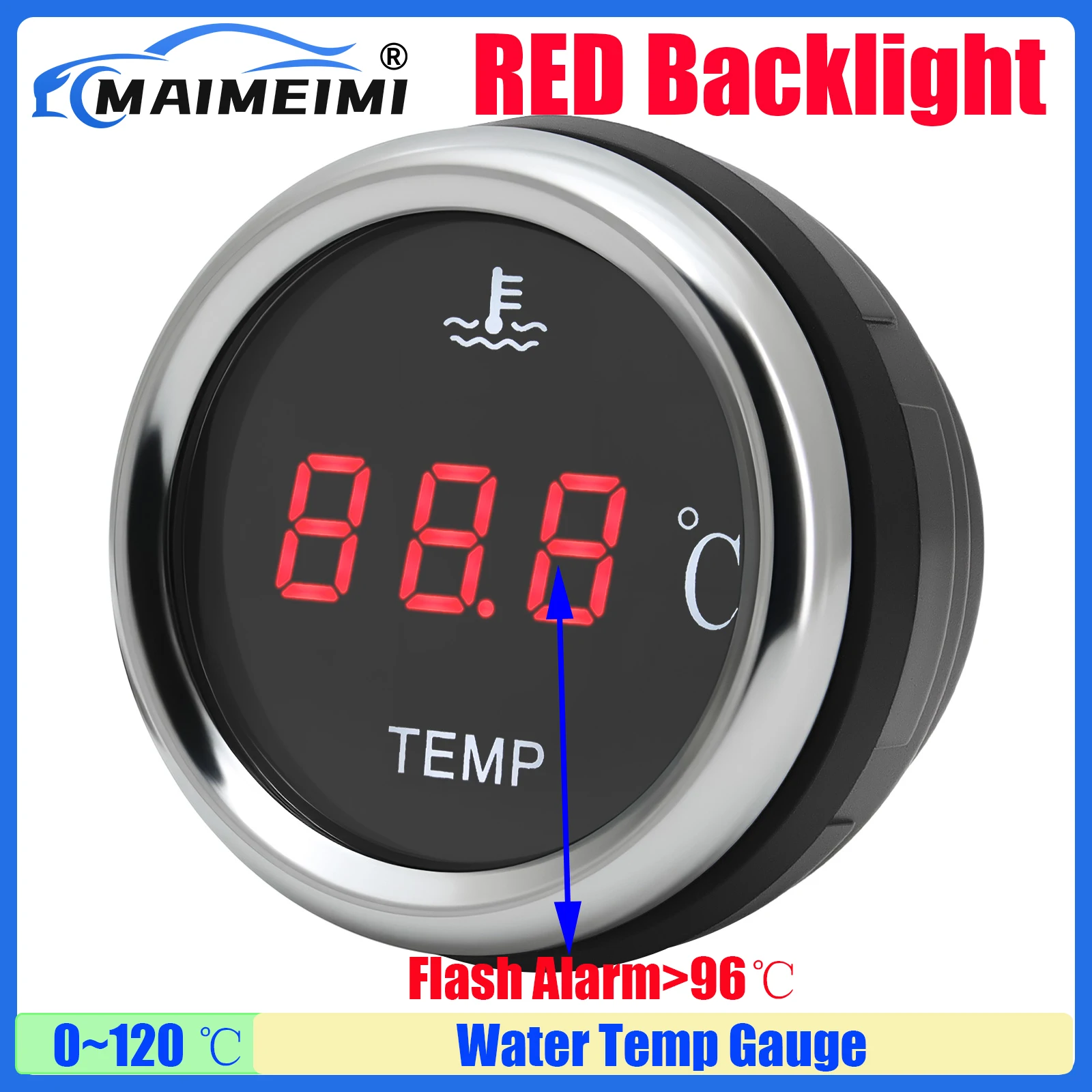 MAIMEIMI Automobile Car Digital 0-120℃ Water Temperature Gauge Flashing Alarm Sensor 10MM Water Temp Meter Indicator Red Light