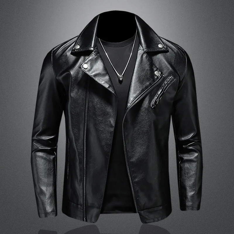 Men's Korean Style Casual Turn-down Collar Leather Jackets PU Slim Winter Jacket Classical Zipper Motorcycle Solid Color Coat