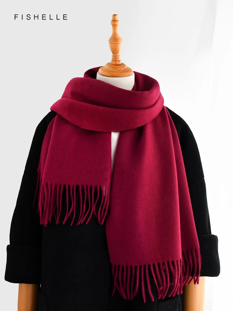 Wine red pure 100% wool scarf for women's thin warm shawl winter solid color claret lady scarves luxury gifts