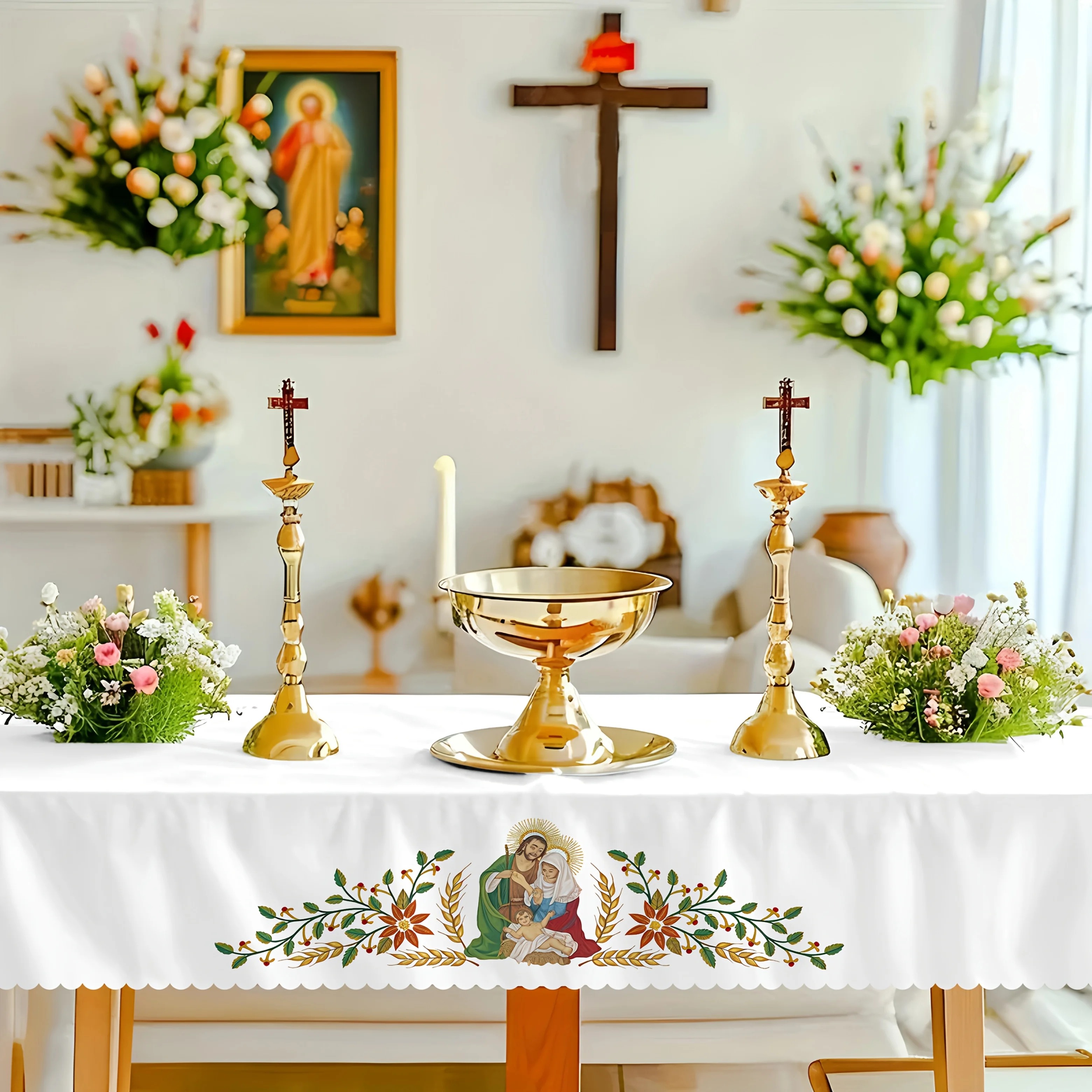 VIKAMA White Church Altar Nativity Gold Leaves Rectangular Tablecloth Washable Cover for Dining Room Kitchen Holiday Home Decor