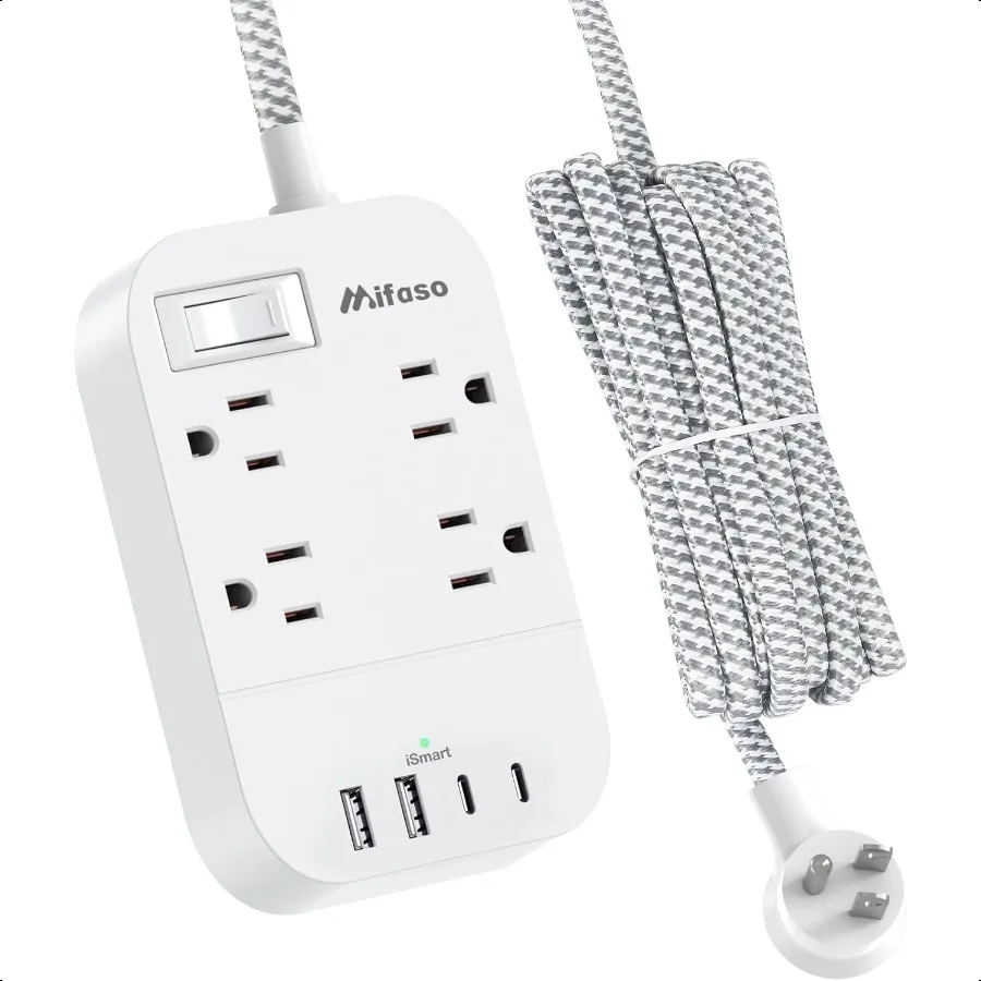 

Power Strip Long Extension Cord 10Ft Braided Extension Cord with Flat Plug 4 Outlets and 3 USB Charging Ports Overload Protecti