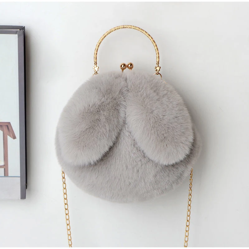 Weiche, flauschige Plüsch-Handtasche mit Henkel, niedliche Umhängetasche mit Hasenohren und Kette, warme Winter-Clutch, leichte Handytasche – Detail 14