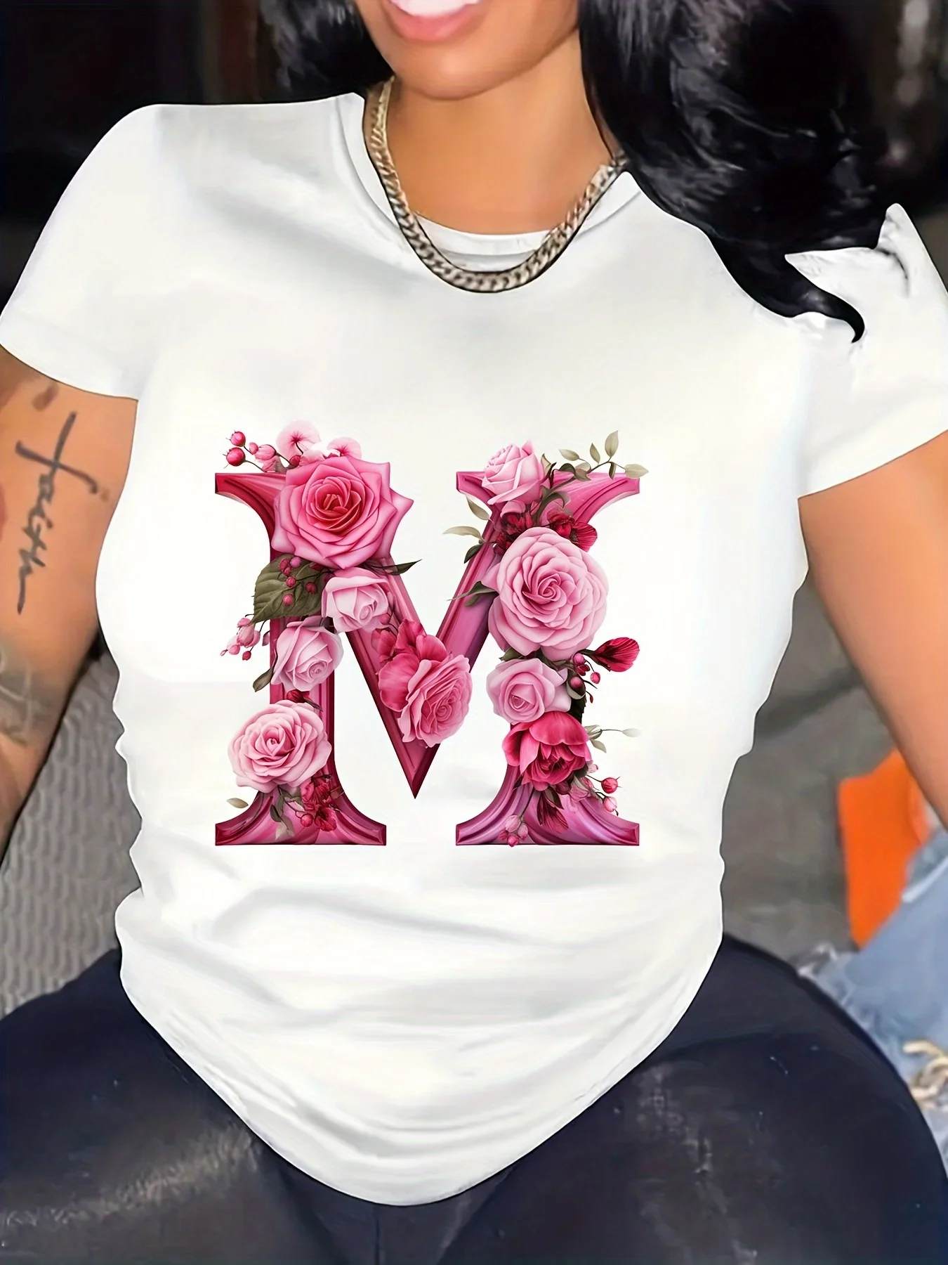 Women'S Floral Monogram M Graphic T-Shirt Pink Rose Green Foliage Print with Large Letter M Casual Round Neck Short Sleeve Top