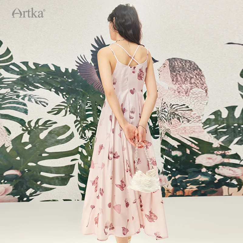 ARTKA 2024 Summer New Women Dress Elegant Floral Print High Waist Sleeveless Dresses Spaghetti Strap A-Line Long Dress LA92142C