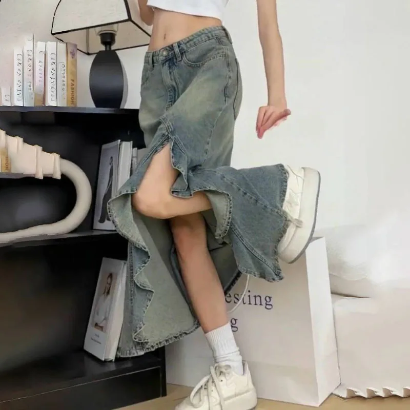 Y2k vintage oversize 4xl lavado irregular divisão denim saia feminina primavera verão cintura alta médio longo uma quadril saias rabo de peixe