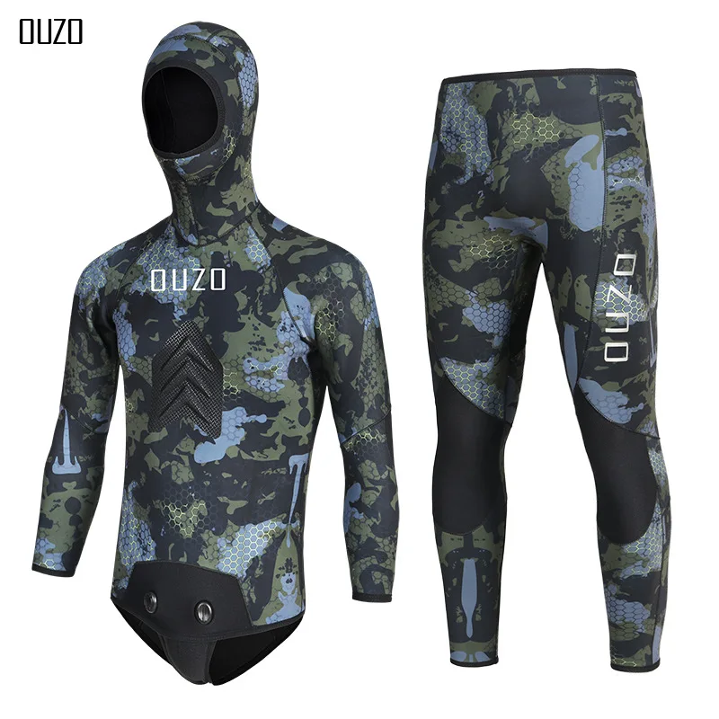 

3.5MM Neoprene Spearfishing Wetsuit with Hooded, 2 Pieces Long Sleeve Camouflage Hunting Free Diving Suit Smooth Skin Lining