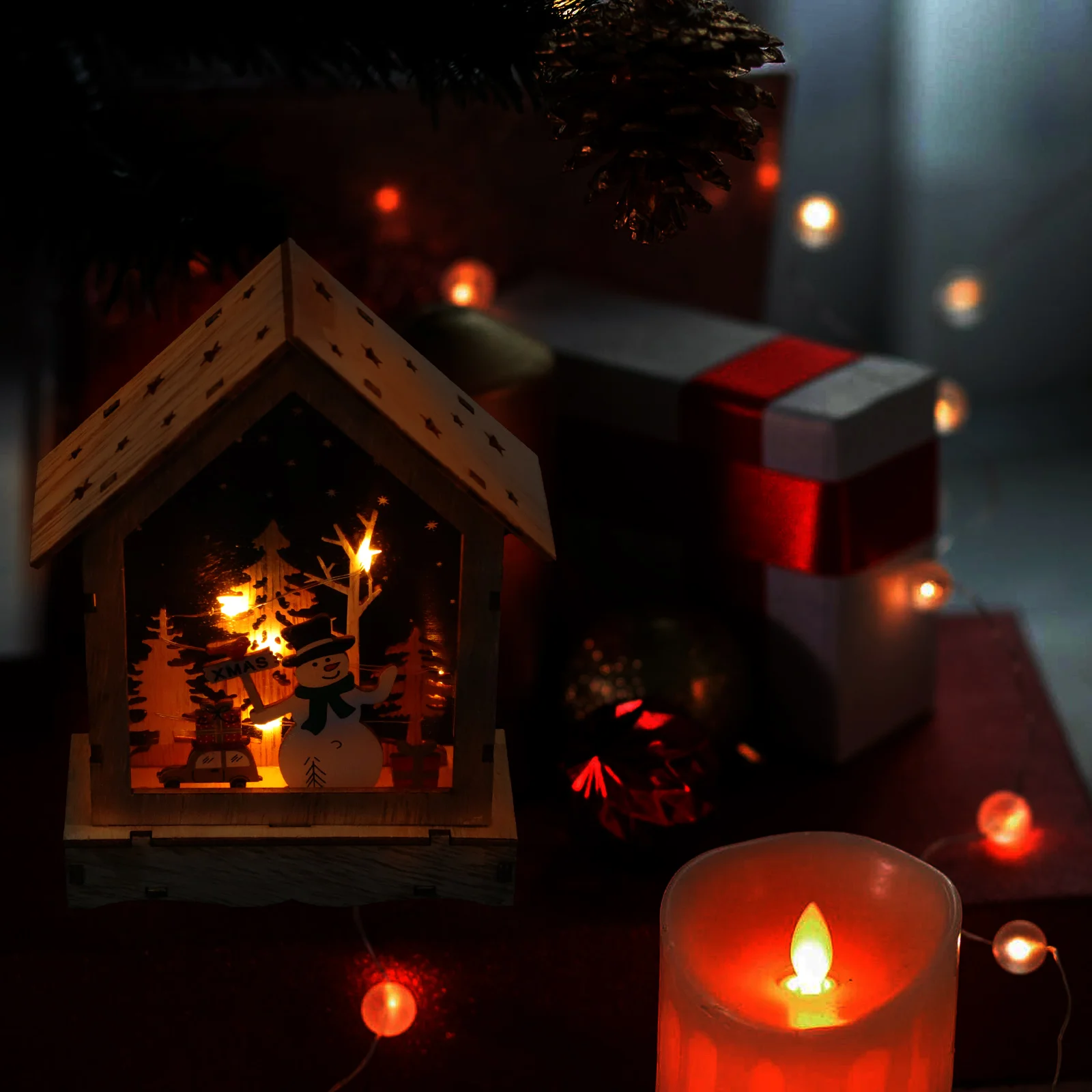 House Decorative Lights Ornament Xmas Adornment Wooden Miniture Decoration Christmas Scene