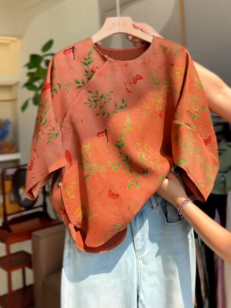 

Женская летняя блузка с принтом в китайском стиле, больших размеров, приталенная, повседневная, удобная, дышащая, из хлопка