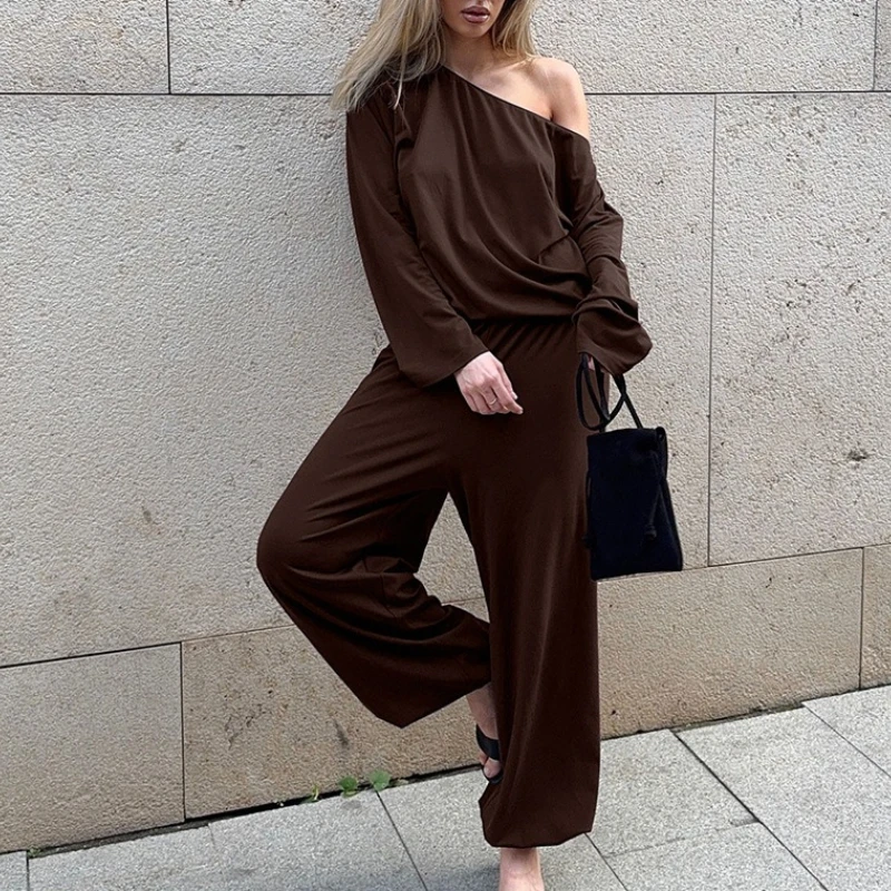 

Women 2 Piece Set Digonal One Shoulder Long Sleeve Tops T Shirt Wide Leg Pant Casual Outfits Tracksuit Suit Autumn Spring Solid