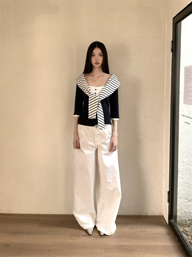 CHEERART Sailor Collar Henry Neck Long Sleeve Knit Top For Woman 2025 Tie Front Patchwork T Shirt Blue Designer Knitwear Clothes